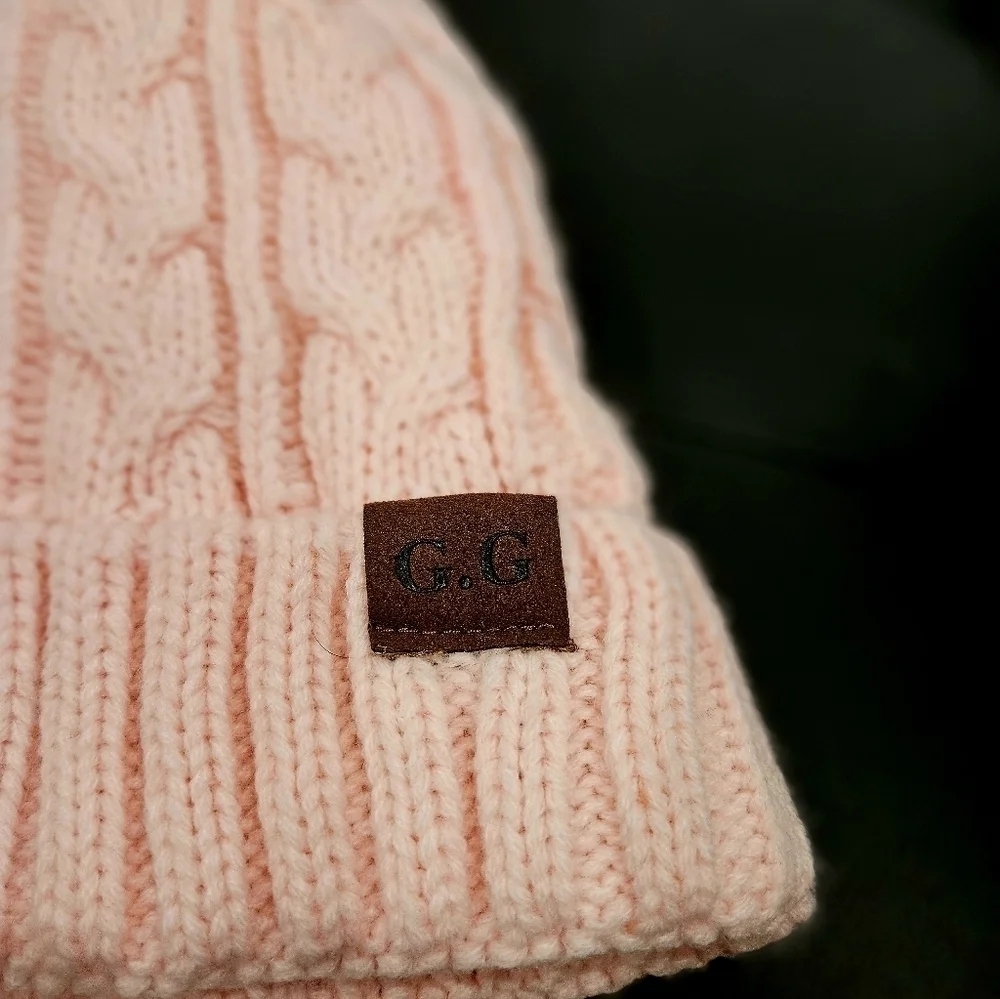 Pink Cable Knit OS Fleece Lined Beanie with Faux Fur Pom NWOT